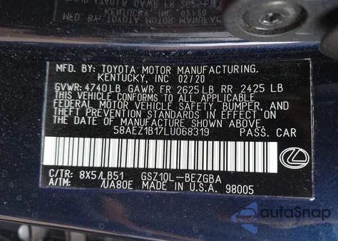 2020 Lexus Es 350 Luxury z USA, uszkodzony, nr VIN 58AEZ1B17LU068319